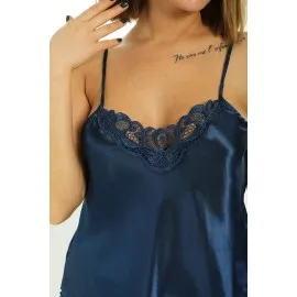 Lacivert Saten Babydoll Şortlu Takım - 259 - Beden Xl