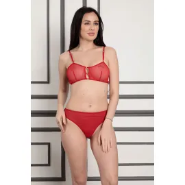 Kırmızı Tül Sütyen Takım - 879 - Beden M