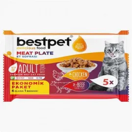 Bestpet 5x85 gr X 12 ADET  Yetişkin Kediler İçin, Tahılsız, Jöle İçinde Tavuk Etli, Sığır Etli Ekonomik Et Sofrası Paketi 