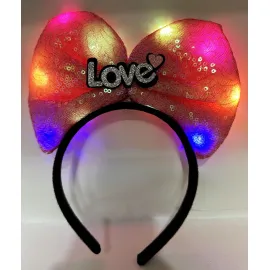 Led Işıklı 3 Farklı Fonksiyonda Yanan Gümüş Love Yazılı Fuşya Pembe Fiyonk Taç 20X17 cm