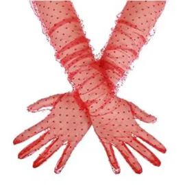 Uzun Boy Kırmızı Puantiyeli Kırmızı Renk Yetişkin Tül Eldiven 55 cm