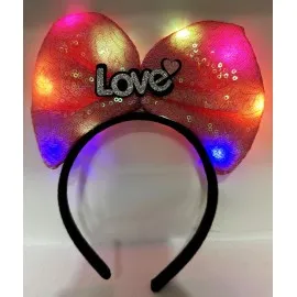 Led Işıklı 3 Farklı Fonksiyonda Yanan Gümüş Love Yazılı Fuşya Pembe Fiyonk Taç 20X17 Cm