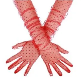 Uzun Boy Kırmızı Puantiyeli Kırmızı Renk Yetişkin Tül Eldiven 55 Cm