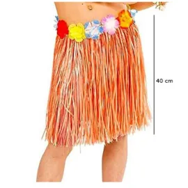 Yetişkin Ve Çocuk Uyumlu Turuncu Renk Püsküllü Hawaii Luau Hula Etek 40 Cm
