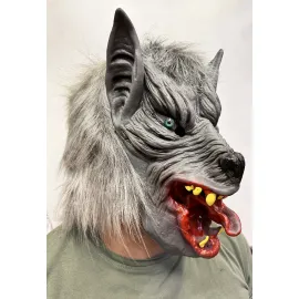 Kafaya Tam Geçmeli Lateks Dil Çıkaran Mavi Gözlü Kurt Maskesi