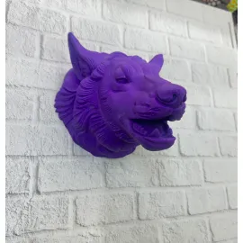 Mor Renk 3D Kurt Başı Duvar Dekoru Asılabilir Maskot Heykel 25x19 cm