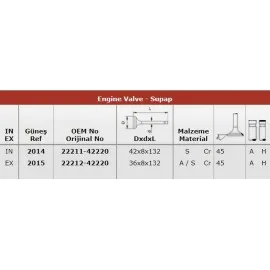 X Subap Emme Eksoz H100-2600 Kamyonet 2001 Model 8V In-4/ex-4 42X8X132 / 36X8X132