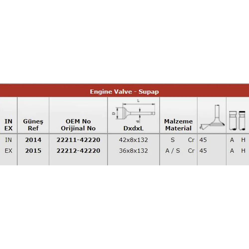 x SUBAP EMME EKSOZ H100-2600 KAMYONET 2001 MODEL 8V IN-4/EX-4 42x8x132 / 36x8x132