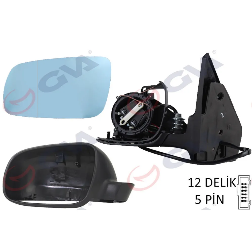 DIŞ DİKİZ AYNASI SOL GOLF-BORA 98 ELEKTRİKLİ ISITMALI SİYAH ASTARLI MAVİ CAM BÜYÜK TİP 5 FİŞ VM-188AL