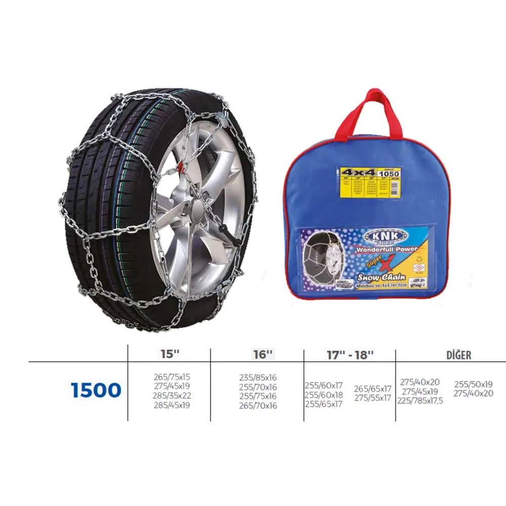 PATİNAJ ZİNCİRİ 4x4 JEEP - MİNİBÜS VE HAFİF TİC.ARAÇ ZİNCİR EBATLARI İÇİN RESİME BAKINIZ