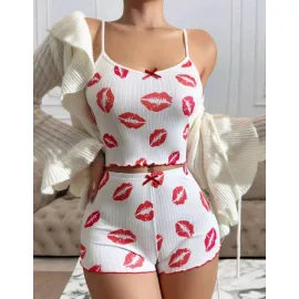 Kadın Beyaz Dudak Desenli Seksi Gecelik Takım 5021