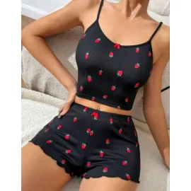 Kadın Siyah Çilek Desenli Seksi Gecelik Takım 5020