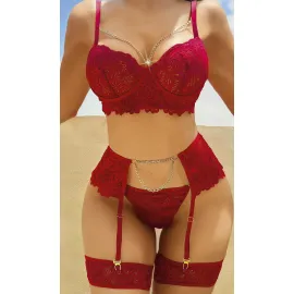 Dantel Göğüs Dekolteli Zincirli Bordo Jartiyer Takım 2053