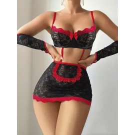 5 parça Kırmızı Siyah Dantel Çiçek Desen Hizmetçi Model Özel Fantezi Tanga Hediyeli 2043