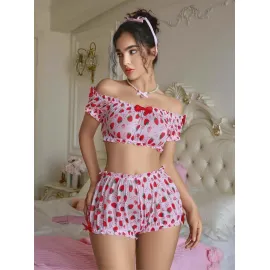 Kadın Pembe Çilek Desenli Fantezi Şort takım 2156