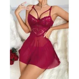 Kadın Kırmızı Fantezi Gecelik Tül Göğüs Dantel Dekolteli Fiyok detaylı 2162