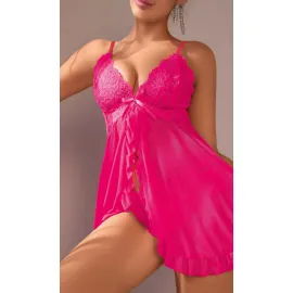 Kadın Fuşya Fantezi Gecelik Tül Önü Açık Fırfırlı Fiyok detaylı 2113