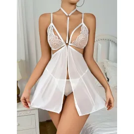 Kadın Beyaz Fantezi Gecelik Kısa Tül Boyundan bağlamalı Göğüs Dekolteli 2163