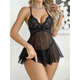  Kadın Siyah Fantezi Gecelik Tül Göğüs Dantel detaylı Dekolteli 2191