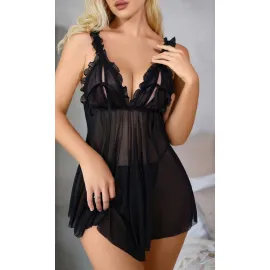 Siyah Kadın Fantezi Gecelik Tül Askı ve Göğüs Fırfır Detaylı 2110