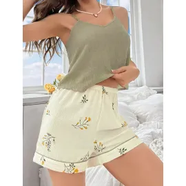 Kadın Ekru Çiçek Baskılı Şortlu Gecelik Pijama Takımı 5099