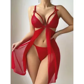 Kadın Kırmızı Fantezi Gecelik Tül Göğüs Dekolteli Önü açık 2194