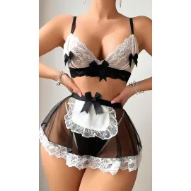 Kadın Siyah Fiyonklu Etekli Seksi Hizmetçi Kostümü 2124