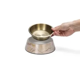 Beeztees Dbl Köpek Mama Su Kabı, Mat Altın Rengi Paslanmaz Çelik, Bej Mermer Görünümlü, 17,5Cm, 350M
