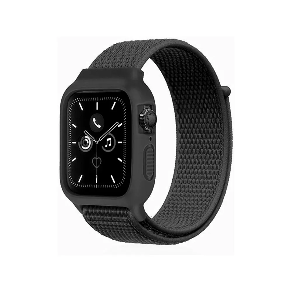 Newface Apple Watch 42Mm Hasırlı Cırtcırtlı Kasalı Kordon - Siyah