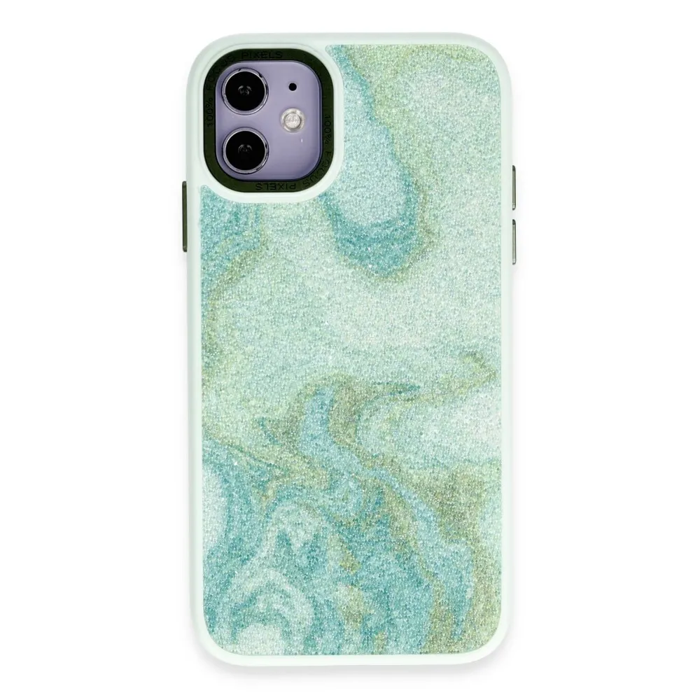 Newface Iphone 12 Kılıf Moda Simli Kapak - Yeşil