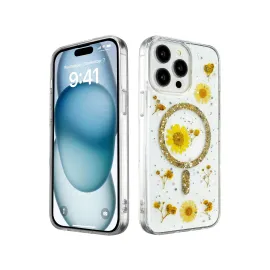 Newface Iphone 14 Pro Kılıf Daisy Simli Magsafe Kapak - Gold