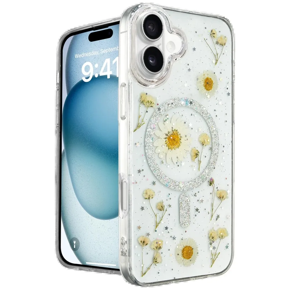 Newface Iphone 16 Kılıf Daisy Simli Magsafe Kapak - Gümüş