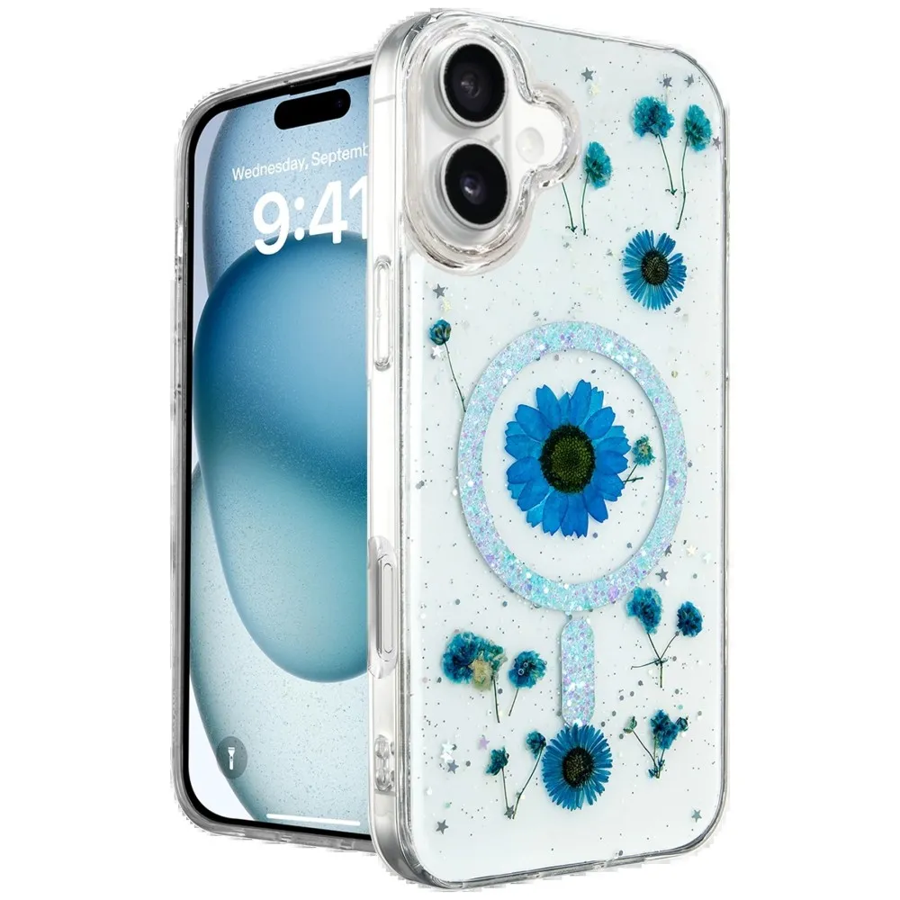Newface Iphone 16 Kılıf Daisy Simli Magsafe Kapak - Mavi