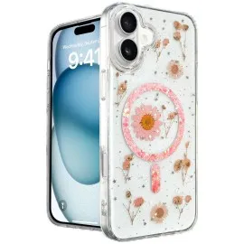 Newface Iphone 16 Kılıf Daisy Simli Magsafe Kapak - Pembe