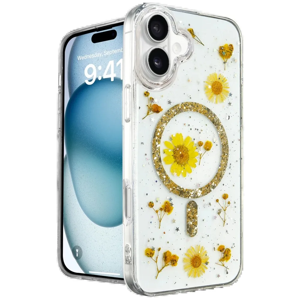 Newface Iphone 16 Kılıf Daisy Simli Magsafe Kapak - Gold