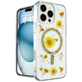 Newface Iphone 16 Pro Kılıf Daisy Simli Magsafe Kapak - Gold