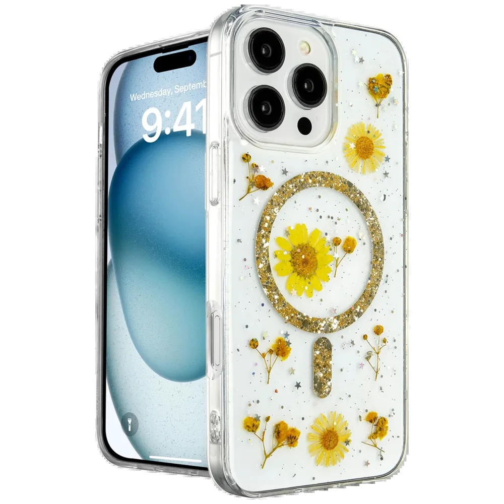 Newface Iphone 16 Pro Max Kılıf Daisy Simli Magsafe Kapak - Gold