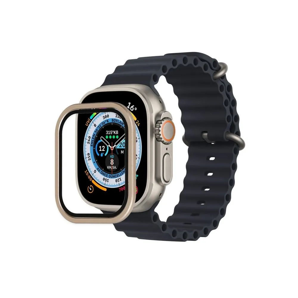 Newface Apple Watch Ultra 49Mm Alüminyum Kasa Cam Ekran Koruyucu - Gold