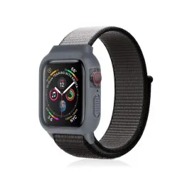 Newface Apple Watch 38mm Hasırlı Cırtcırtlı Kasalı Kordon - Siyah-Gri