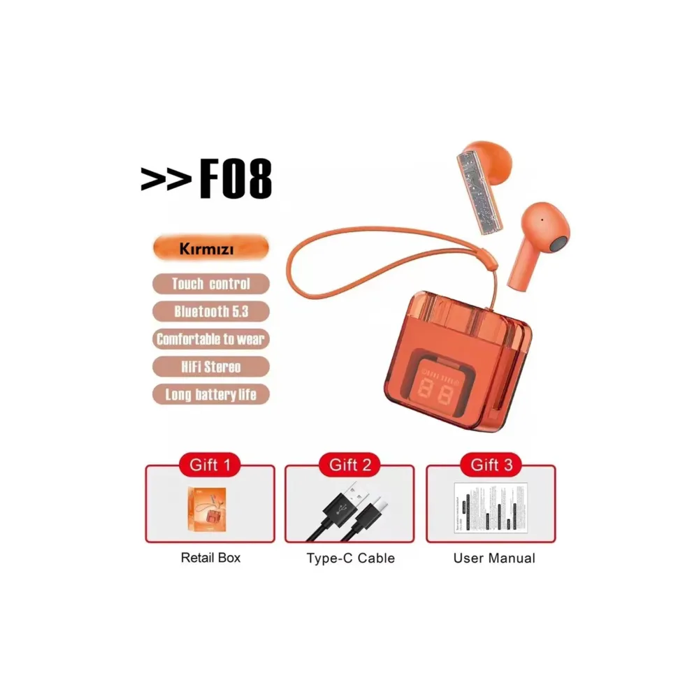 Karler Bass F08 Dijital Şarj Göstergeli Tws Bluetooth Kulaklık - Kırmızı