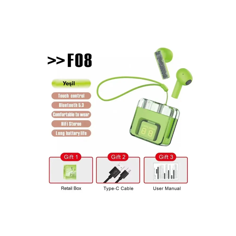 Karler Bass F08 Dijital Şarj Göstergeli Tws Bluetooth Kulaklık - Yeşil