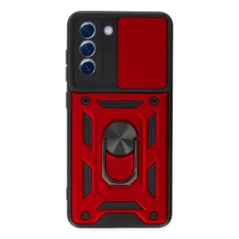 Newface Samsung Galaxy S21 Fe Kılıf Pars Lens Yüzüklü Silikon - Kırmızı