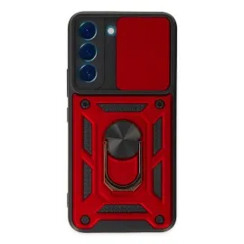 Newface Samsung Galaxy S22 Kılıf Pars Lens Yüzüklü Silikon - Kırmızı