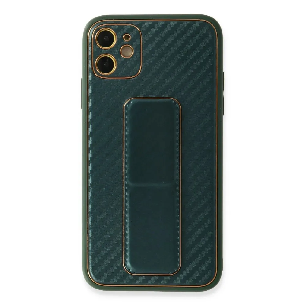 Newface Iphone 12 Kılıf Coco Karbon Standlı Kapak - Yeşil