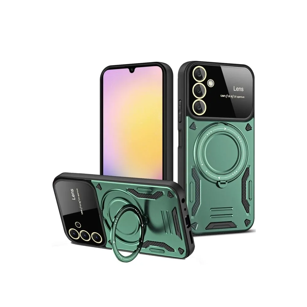 Newface Samsung Galaxy A14 4G Kılıf Joy Lens Standlı Kapak - Koyu Yeşil