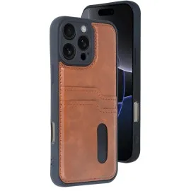 Newface iPhone 16 Pro Kılıf Sara Kartvizitli Deri Kılıf - Taba