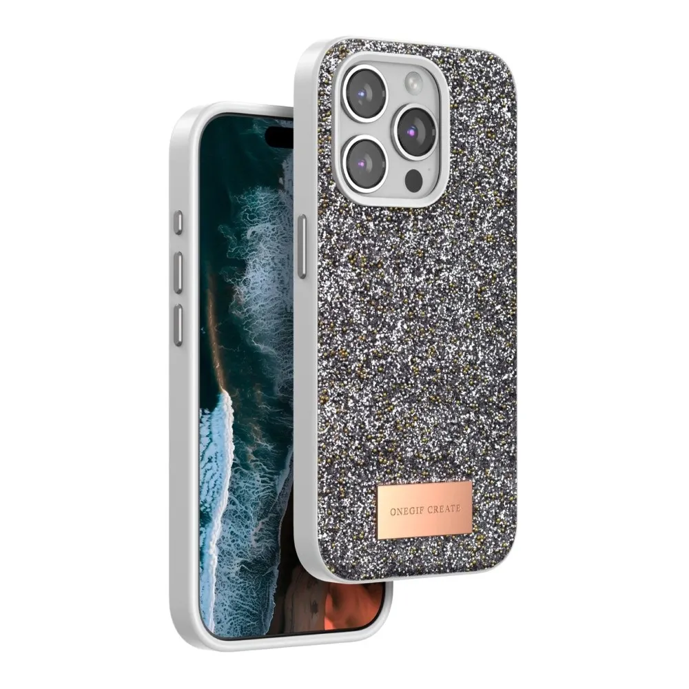 Onegif iPhone 15 Pro Max Bright Simli Kapak - Gümüş