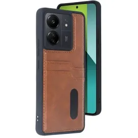 Newface Xiaomi Redmi 13C Kılıf Sara Kartvizitli Deri Kılıf - Taba