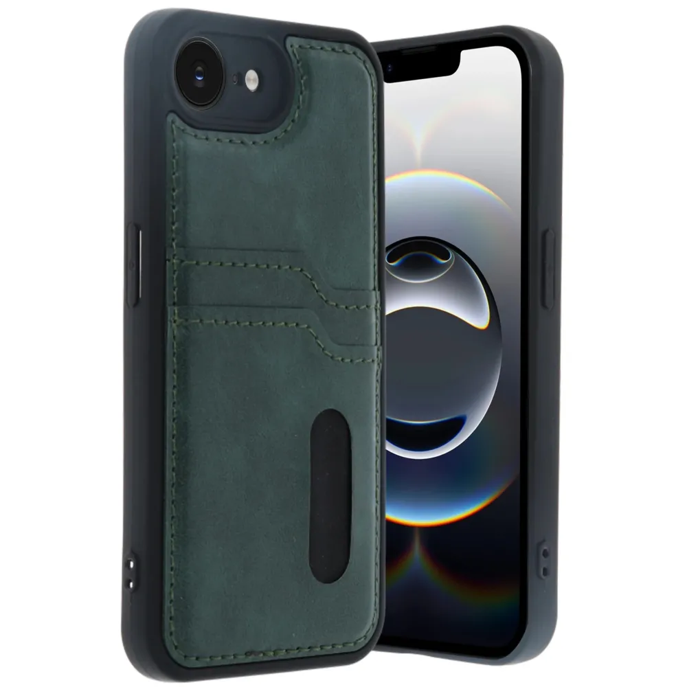 Newface Iphone 16E Kılıf Sara Kartvizitli Deri Kılıf - Koyu Yeşil