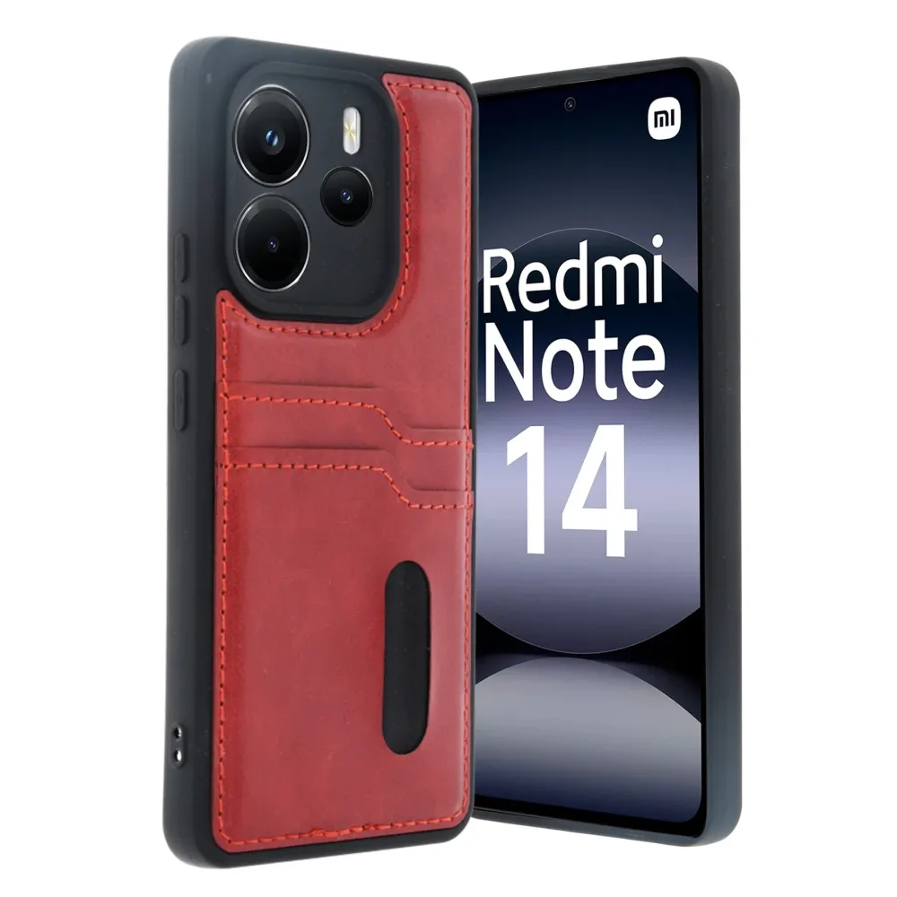 Newface Xiaomi Redmi Note 14 4G Kılıf Sara Kartvizitli Deri Kılıf - Kırmızı